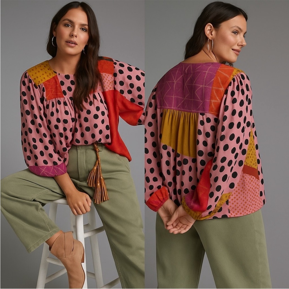 Anthropologie Bl-nk Miranda Peasant Patchwork Polka Dot Blouse Sz XS
